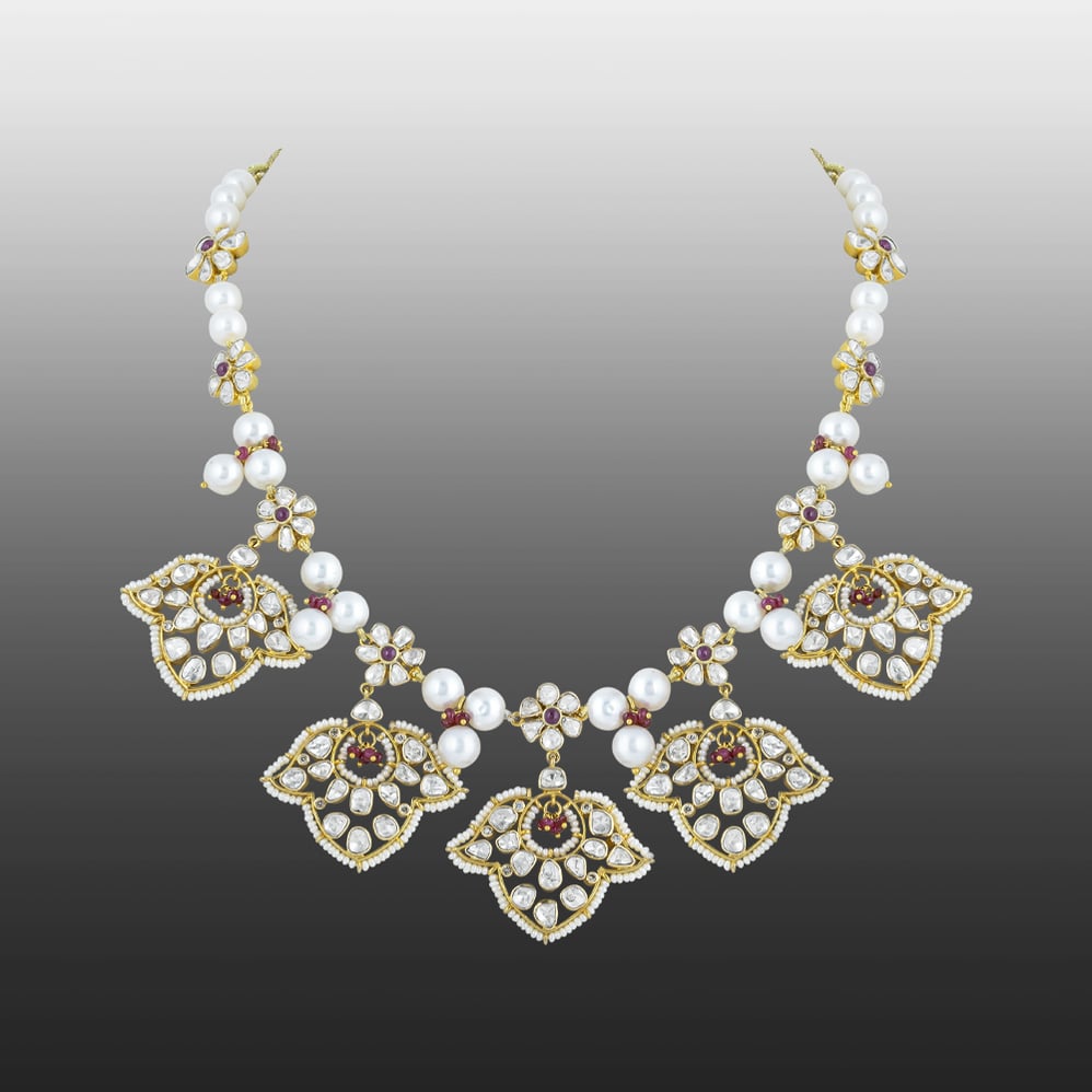 Polki Necklace with Red Floral Motifs & Pearls